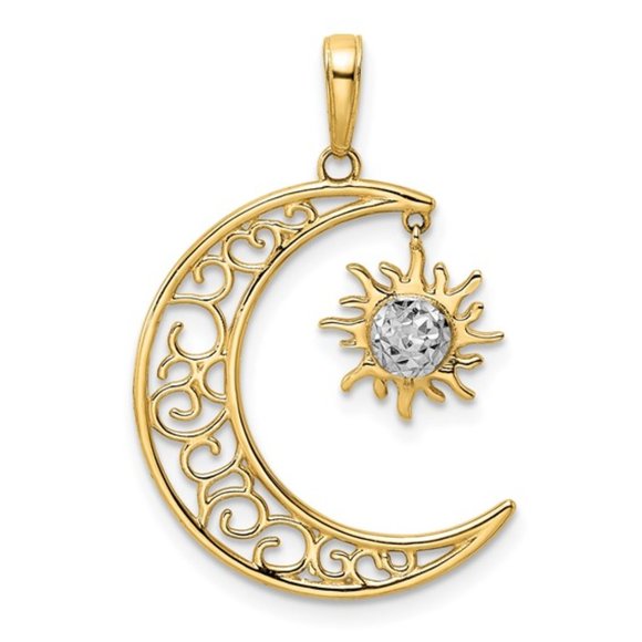 14k Gold w Rhodium Diamond-cut Dangle Moon Charm